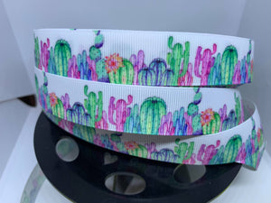 1 yard 7/8" Pretty Watercolor Colorful Cactus Grosgrain Ribbon