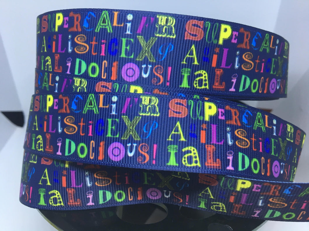 1 yard 1 inch Poppins Blue Supercalifragilisticexpialidocious Print Grosgrain Ribbon - Bow Making Ribbon